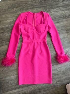 Hot Pink Long-Sleeve Bustier Bodycon Dress Feather Cuffs Birthday Party Glam S